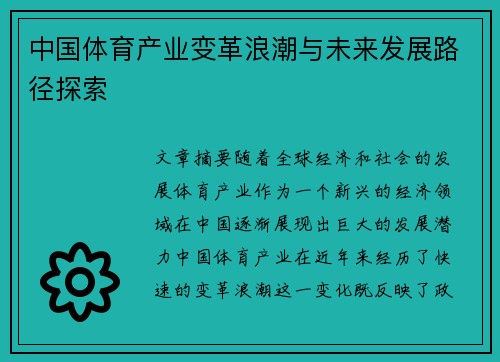 中国体育产业变革浪潮与未来发展路径探索